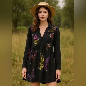 Free People Butterfly Print Oversized Draped Tunic Top – Black – Size Small
